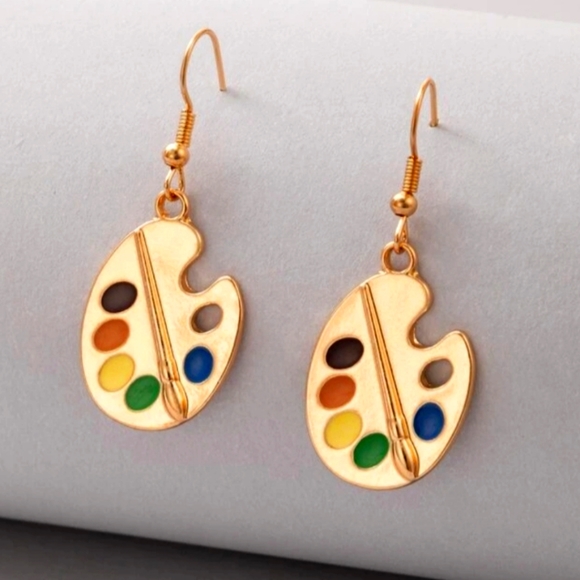 None Jewelry - Artist Paint Palette Earrings Gold Tone Dangle Drop Earrings